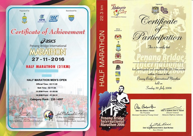 Penang Bridge International Marathon Certificate 2006 vs 2016