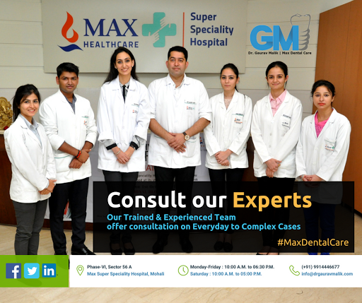 Dr Gaurav Malik, Max Dental Care, Room No 101-102, Dental Department, Max Super Speciality Hospital, Phase-VI, Sector 56A, Sahibzada Ajit Singh Nagar, Sahibzada Ajit Singh Nagar, Punjab 160055, India, Dentist, state PB