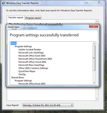 Отчеты Windows Easy Transfer