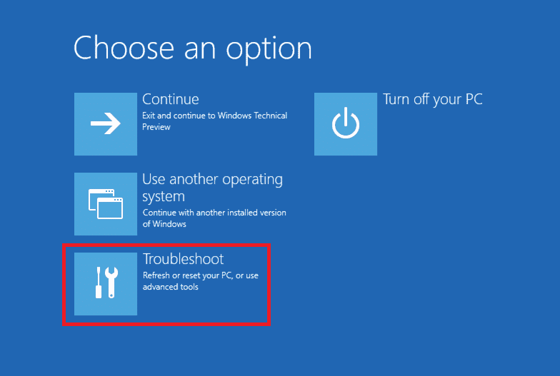 Advanced Boot Options画面で、Troubleshootをクリックします