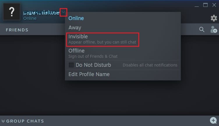 Fai clic sulla freccia accanto al nome del tuo profilo e seleziona invisibile o offline |  Come nascondere l'attività di Steam agli amici