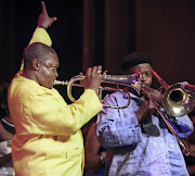 South African jazz musicians, Hugh Masekela & Jonas Gwangwa, performing on stage at the South African State Theater for the president's concert, 2010.