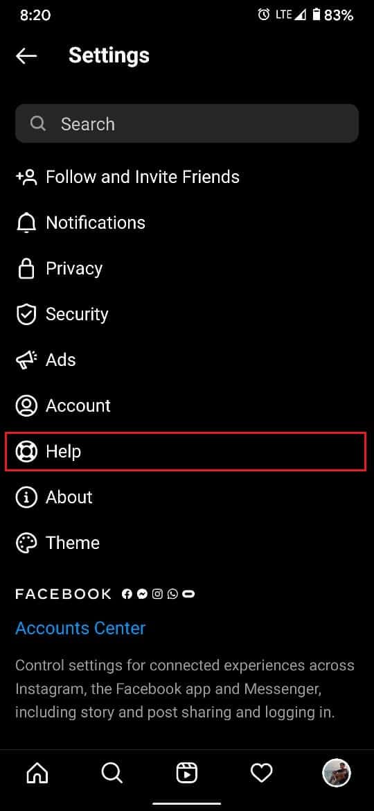 Từ cài đặt ứng dụng, chọn Trợ giúp |  Sửa lỗi hành động bị chặn trên Instagram