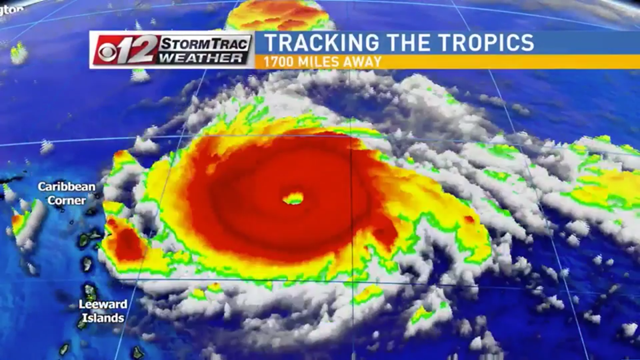 Satellite view of Hurricane Irma on 5 September 2017. Irma was a Category 5 hurricane, packing 175 mile-per-hour winds, according to the 8 a.m. advisory from the National Hurricane Cente. Graphic: WPEC / CBS12