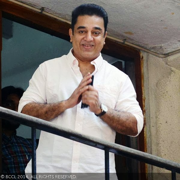 Kamal Haasan gestures during a press meet on being conferred the Padma Bhushan Award, held at his Alwarpet office.