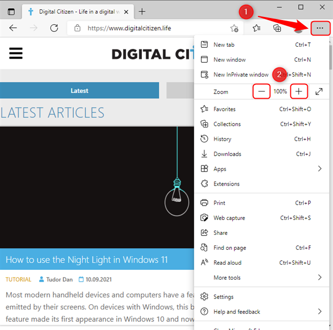 Ovládací prvky zoomu v nabídce Microsoft Edge