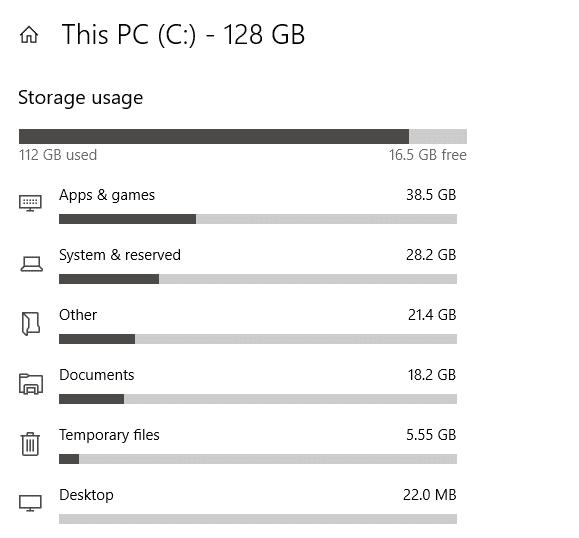 Una vez que se cargue el almacenamiento, podrá ver qué tipo de archivos usan qué cantidad de espacio en disco