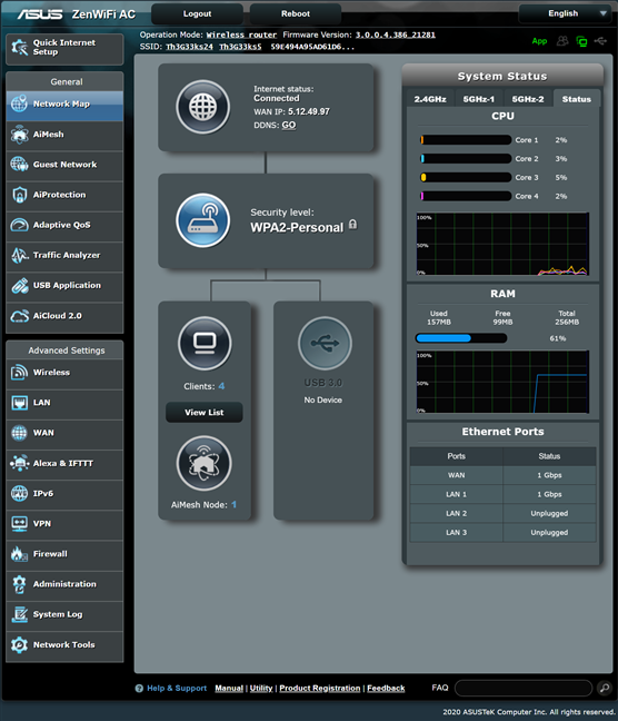 De systeemstatus op de ASUS ZenWiFi AC (CT8)