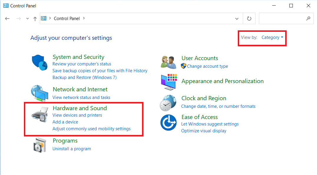 Seleccione la opción Hardware y sonido en el Panel de control.  Cómo aumentar el volumen de Windows 10