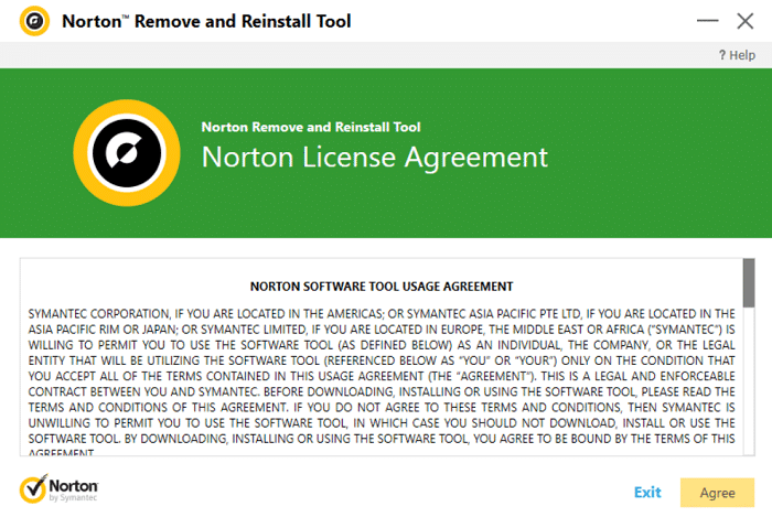 Norton Remove and Reinstall Toolで使用許諾契約（EULA）に同意する