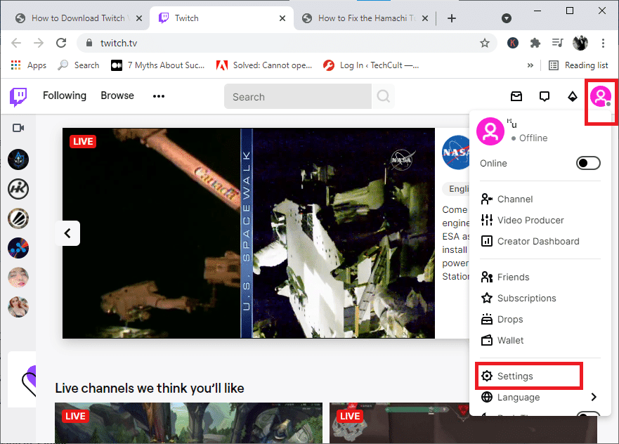 .  คลิกที่เมนูที่เลื่อนลงมาที่ด้านบนและเลือกการตั้งค่า |  คำแนะนำในการดาวน์โหลด Twitch VODs