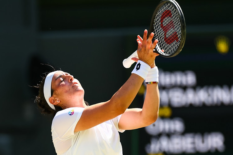 Ons Jabeur of Tunisia shows here frustration during her final against Elena Rybakina of Kazakstan of the Wimbledon Championships Wimbledon at the All England Lawn Tennis and Croquet Club on July 9 2022.