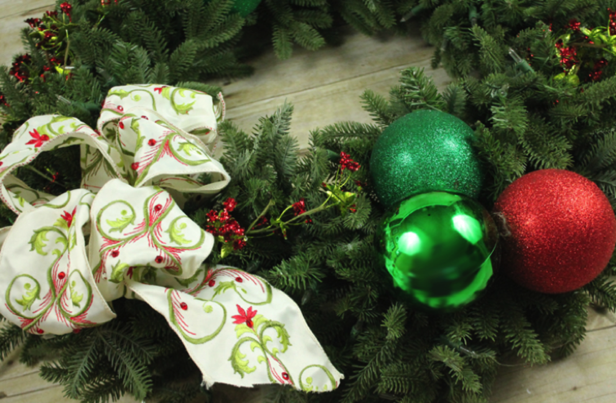 bow and christmas balls on wreath