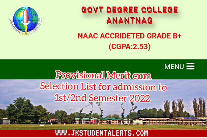 GDC Boys Anantnag Provisional Merit Cum Selection List for admission to 1st/2nd Semester 2022