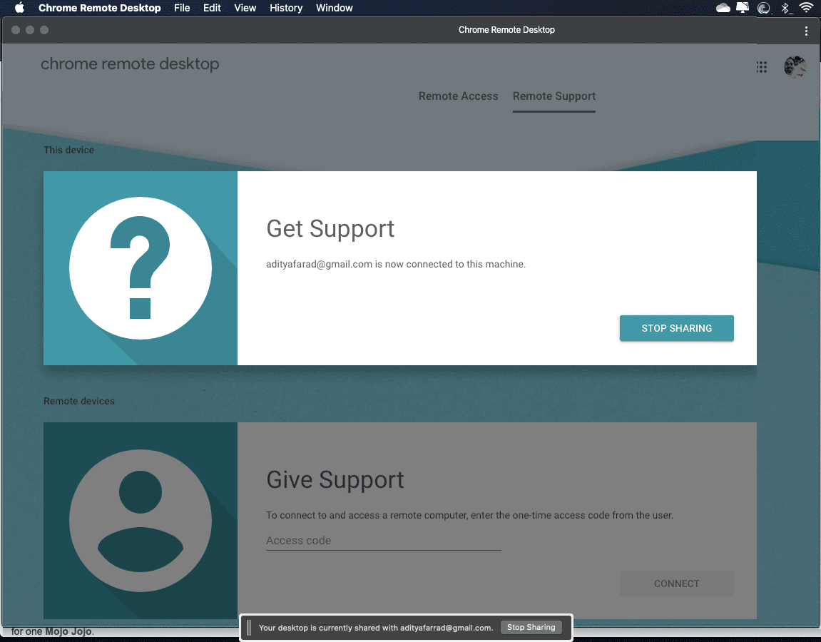 [サポートの取得]で、[共有の停止]ボタンをクリックします