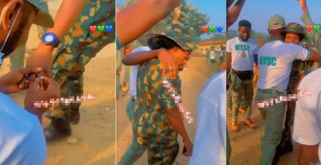 Reactions as Female Soldier Burst into Tears as Corps member proposes to her at NYSC camp (Video)
