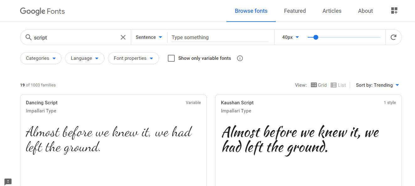 พื้นที่เก็บข้อมูล Google Fonts จะปรากฏขึ้น และคุณสามารถดาวน์โหลดแบบอักษรใดก็ได้