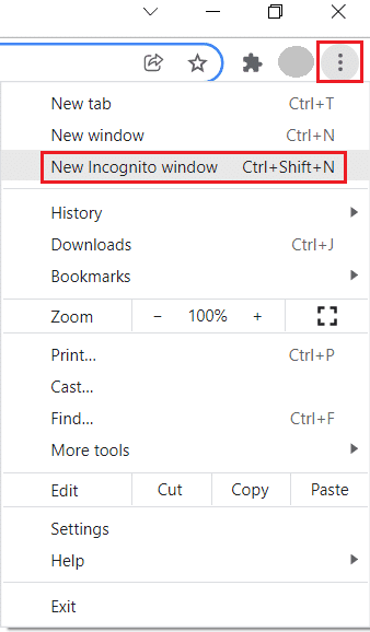 3つのドットのアイコンをクリックして、GoogleChromeで新しいシークレットウィンドウを選択します