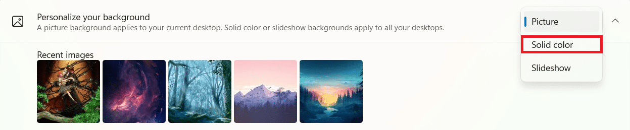 Opción de color sólido en la lista desplegable para Personalizar su fondo.  Cómo cambiar el fondo de pantalla en Windows 11