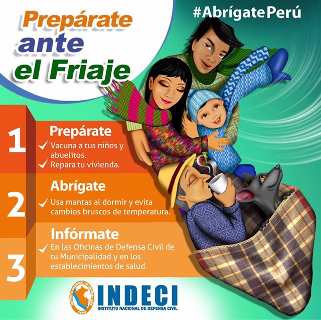 A poster that reads 'Abrígate Perú' informs people on how to stay warm during the anomalous cold wave in September 2016. Graphic: INDECI