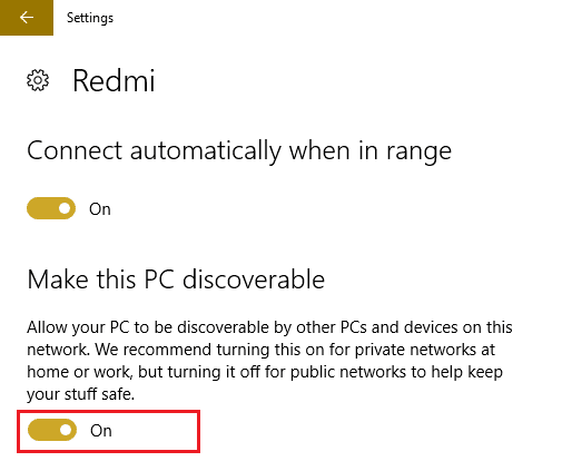 Establezca hacer que esta PC sea reconocible en ON en la configuración de WiFi