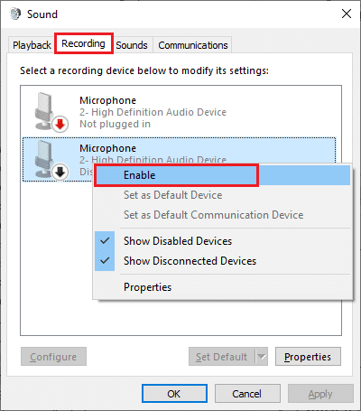 Asegúrese de que el dispositivo predeterminado esté habilitado en su PC.  Si está deshabilitado, haga clic derecho en el dispositivo y seleccione la opción Habilitar