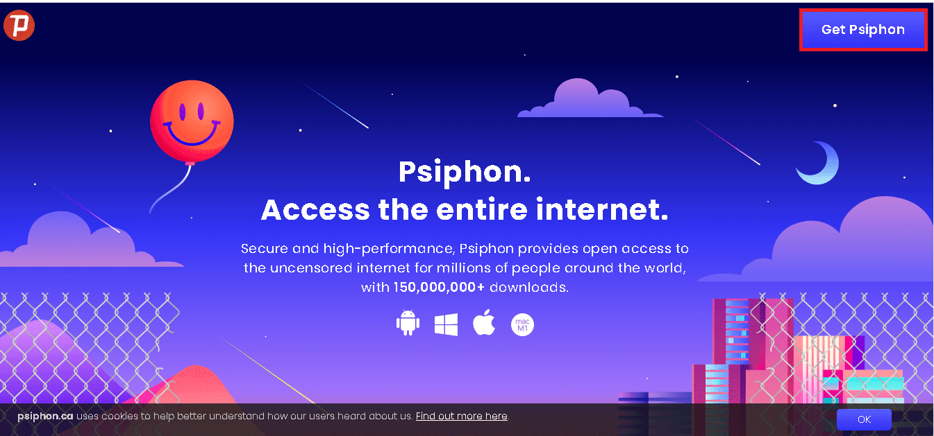 Psiphon 공식 웹사이트를 방문하여 Get Psiphon을 클릭합니다.