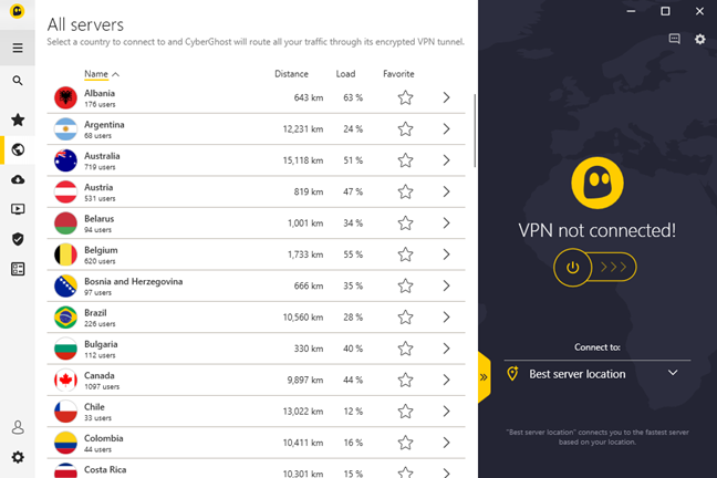 La liste des serveurs et des pays disponibles dans CyberGhost VPN