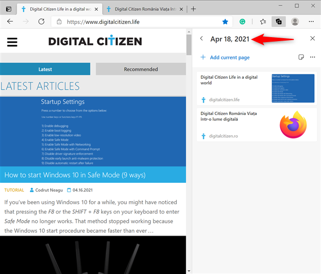 Door meerdere tabbladen toe te voegen, wordt een verzameling gemaakt die is vernoemd naar de datum waarop u zich bevindt