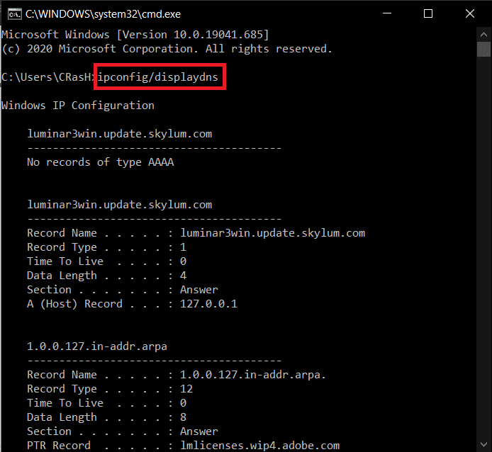 ipconfig/displaydns |  Chrome에서 삭제된 기록을 복구하는 방법은 무엇입니까? 