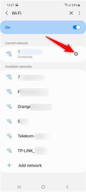 Tocca la ruota dentata per accedere ai dettagli della rete corrente
