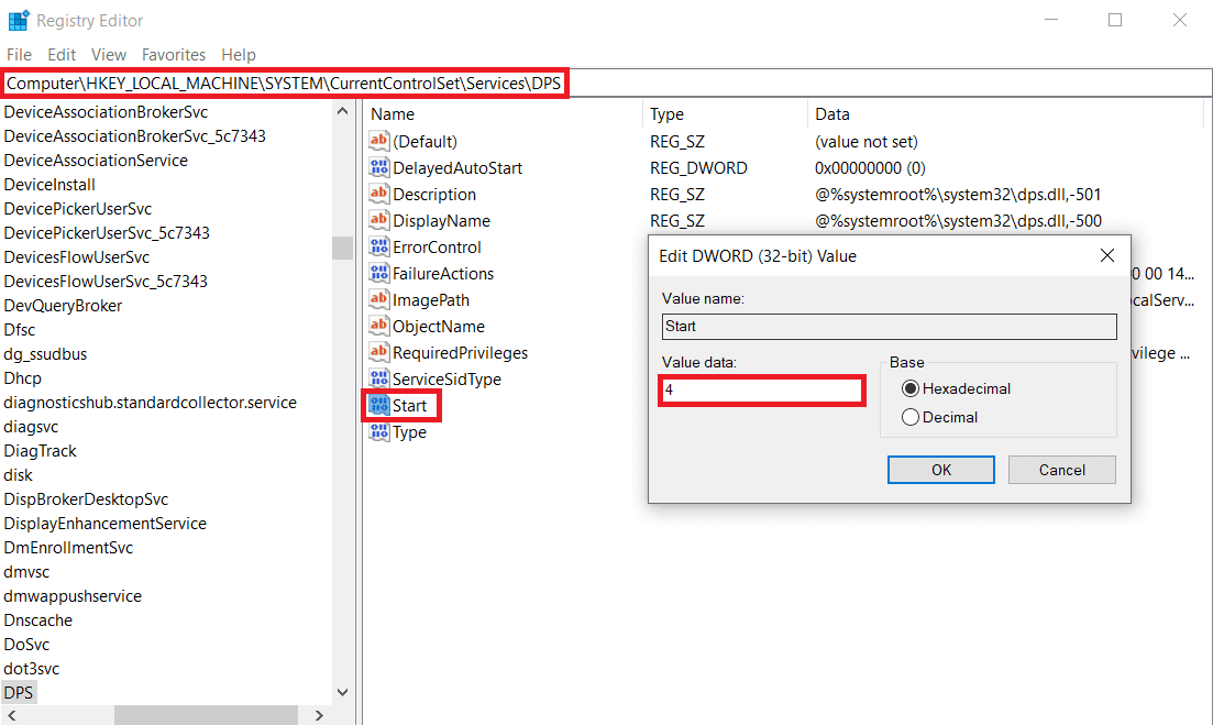 ดับเบิลคลิกที่ Start ในบานหน้าต่างด้านขวาแล้ว Change Value Data to 4 |  แก้ไขโฮสต์บริการ: บริการนโยบายการวินิจฉัย CPU สูง