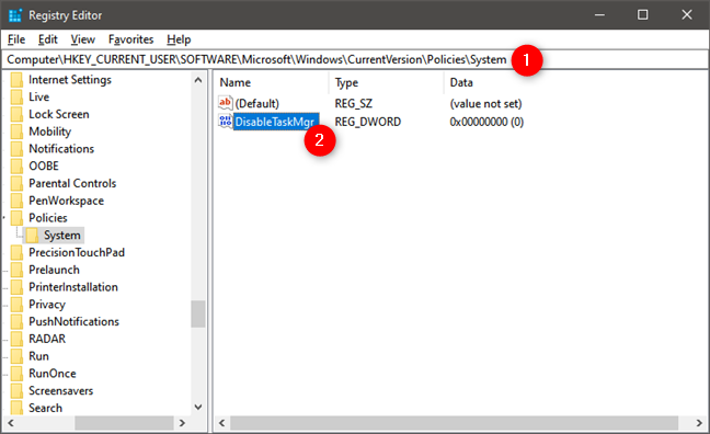 รายการ DisableTaskMgr จาก Windows Registry