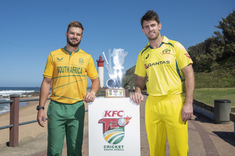 Proteas captain Aiden Markram and his Australia counterpart Mitchell Marsh during a KFC T20 International captains photoshoot at Umhlanga Pier in Durban on Monday. Both understand that the T20 series that starts at Kingsmead on Wednesday will play second fiddle to their teams' World Cup preparations.