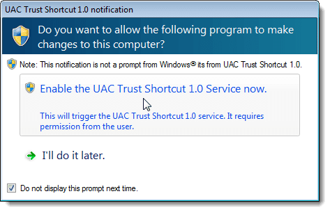การเปิดใช้งานบริการ UAC Trust Shortcut
