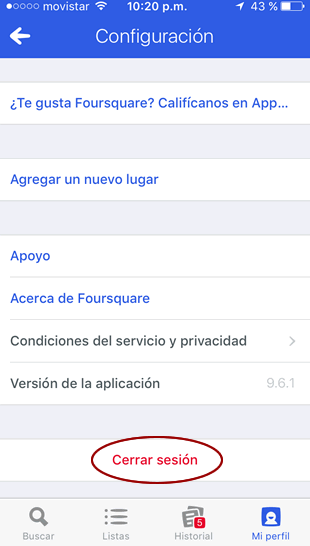 Cerrar sesión en Foursquare desde el celular