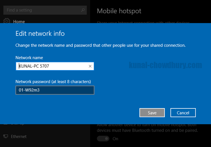 Windows 10 Settings - How to edit mobile hotspot details (www.kunal-chowdhury.com)