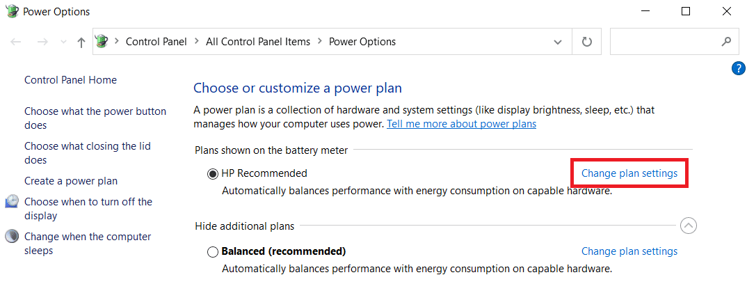 Ubique su plan actual en Opciones de energía y haga clic en Cambiar opciones de plan