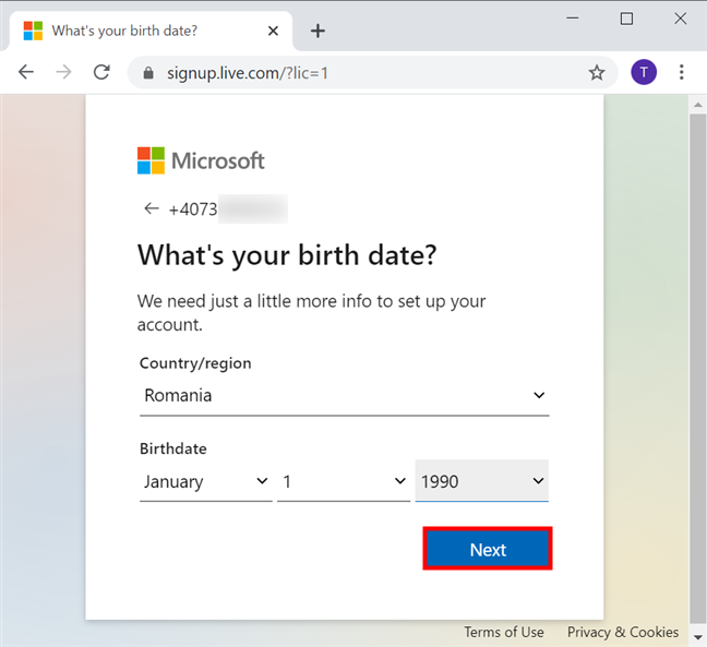 Ajoutez un peu plus d'informations pour votre nouveau compte Microsoft