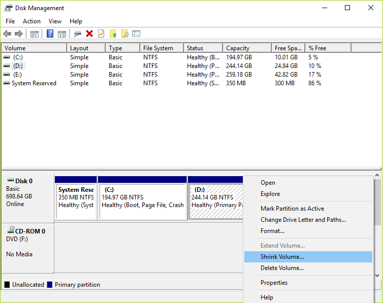 คลิกขวาที่ไดรฟ์อื่นยกเว้นระบบ แล้วเลือก Shrink Volume