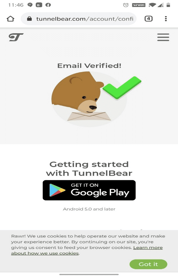 Веб-страница Tunnel Bear, на которой будет отображаться Email Verified