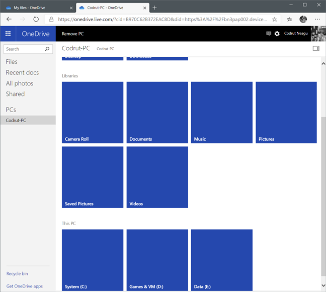 OneDrive's Fetch Files muestra las unidades, bibliotecas y carpetas favoritas en una PC