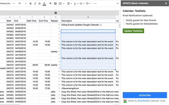 Screenshot of Sheets2GCal