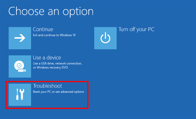 Choisissez Dépanner pour accéder aux options du mode sans échec de Windows 10