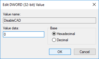 要启用安全登录，请将 DisableCAD 的值设置为 0