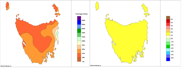 Left: September-November 2015 rainfall in Tasmania, relative to the long-term average. Right: December 2015-February 2016 temperatures in Tasmania, relative to the long-term average. Graphic: Bureau of Meteorology