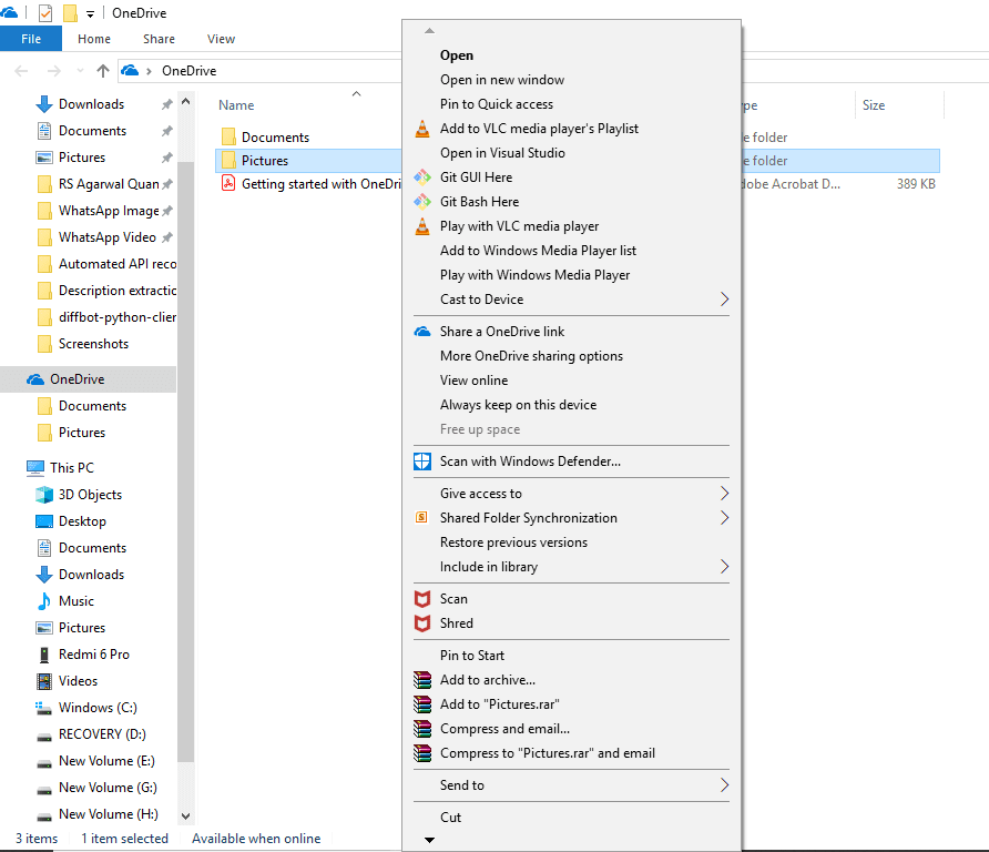 Haga clic con el botón derecho en los archivos y carpetas de la carpeta OneDrive |  Cómo usar OneDrive en Windows 10