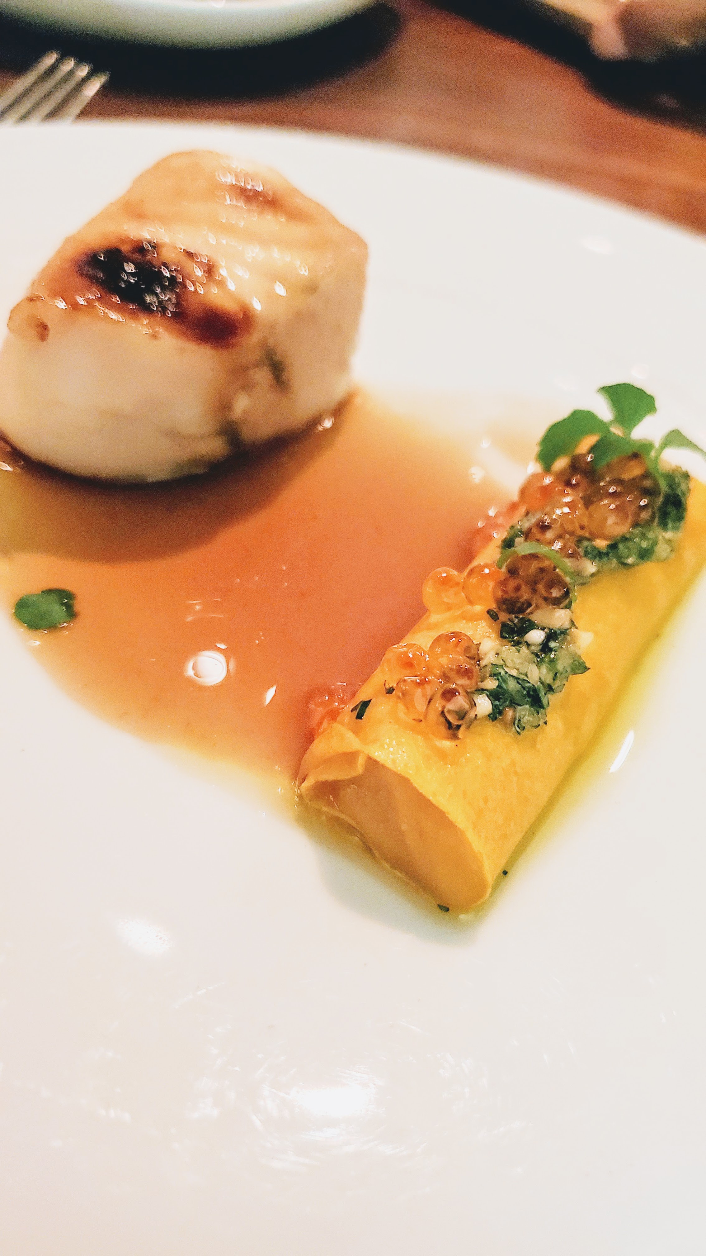 Chef's Menu at Roe PDX, Columbia River Sturgeon with maple miso glaze that is cured, lightly smoked, then grilled and served with roasted squash and squash jus and a hazelnut salsa verde