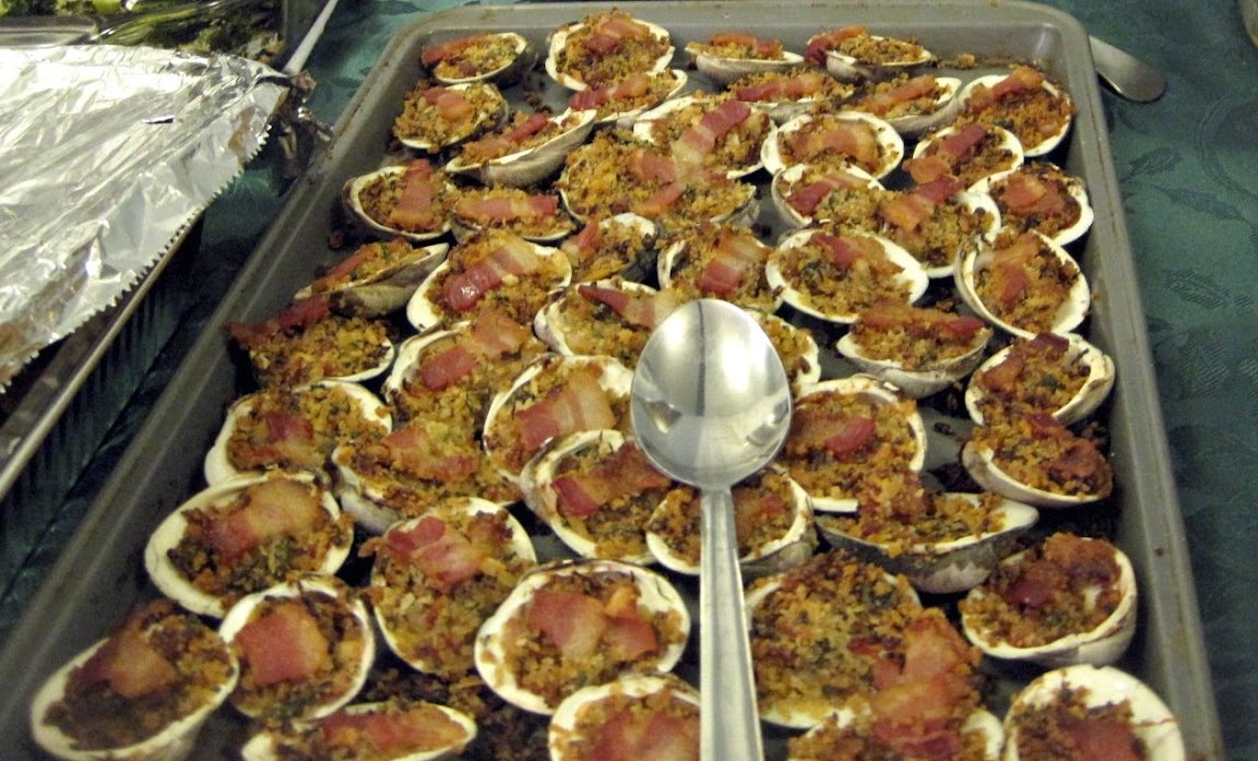 Our version of Baked Clams Oreganata starts with great clams, plain breadcrumbs, parsley, and bacon.