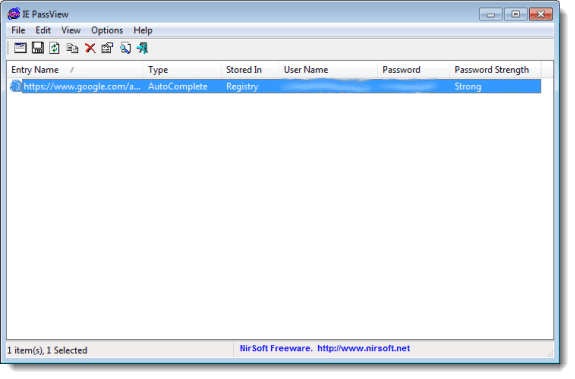 IE PassView หน้าต่างหลัก